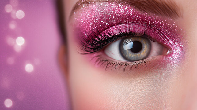 Olho feminino com maquiagem rosa