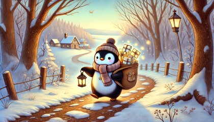 A whimsical scene of a small penguin mail carrier delivering glowing letters and parcels along a thawing forest path under a soft pastel sky, hinting at the warmth of spring