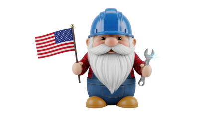 Labor Day Gnome Holding American Flag and Wrench Isolated on White Background