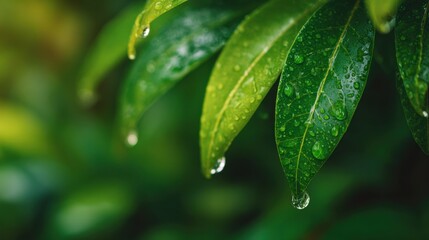 Raindrops cling to the surface of bright green leaves in a garden, reflecting light in a peaceful atmosphere after a recent rainfall