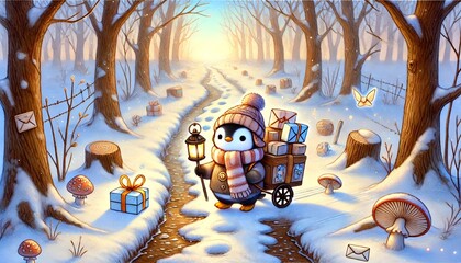 A Whimsical Spring Journey: A Tiny Penguin Mail Carrier Brings Light and Letters Along a Thawing Forest Path