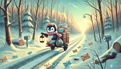 A penguin mail carrier travels along a thawing forest path in early spring, delivering glowing letters and packages under a soft pastel sky, surrounded by melting snow and warm light