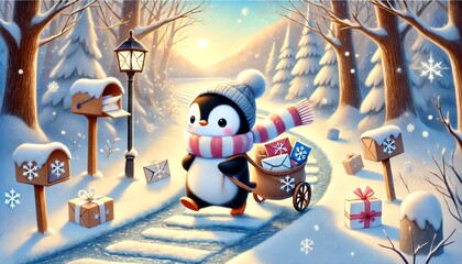 A whimsical illustration of a penguin mail carrier walking along a melting snow path in a quiet forest, surrounded by pastel spring colors and magical glowing parcels