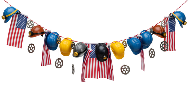 Labor Day Banner with Hard Hats and Tools Isolated on White Background