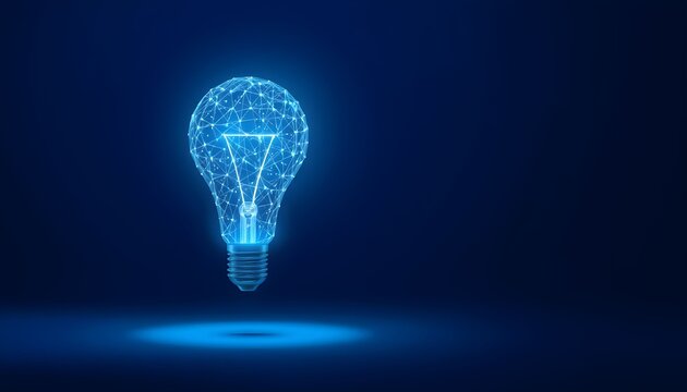 A glowing, blue lightbulb illustration composed of interconnected points, representing innovation and ideas.
