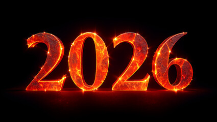Fiery glowing 2026 numbers with sparkling light effects on black background.