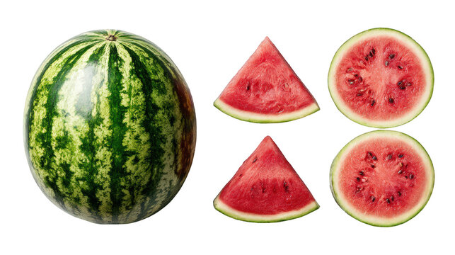 Whole watermelon and slices isolated on transparent background
