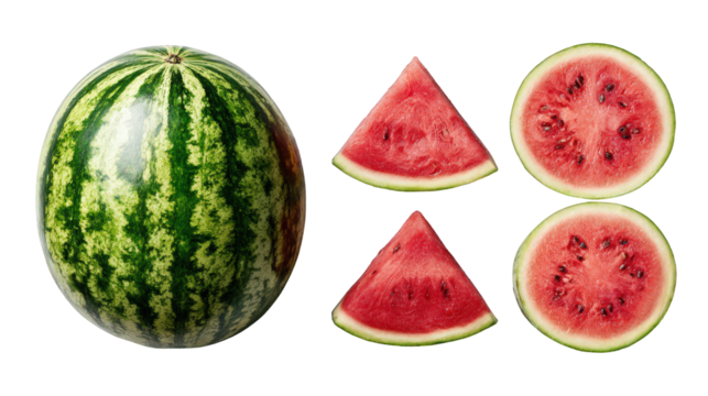 Whole watermelon and slices isolated on transparent background