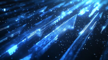 Fototapeta premium Abstract blue arrows pointing upwards with glowing particles on a dark background design graphic