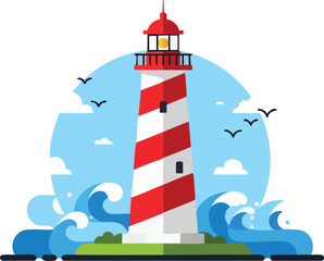 A stylized lighthouse stands tall amidst crashing waves, a serene coastal scene.