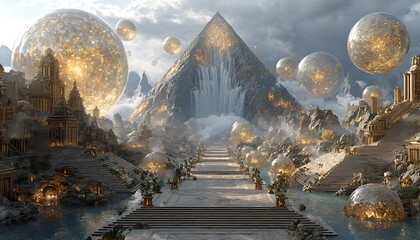 Golden AI orbs hovering inside abandoned pyramid lit with data pulses