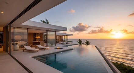 Infinity pool overlooking the ocean at sunset with modern architecture and lounge chairs visible outside