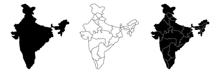 India country vector map in white background.India map background with states.India political map. High detailed. Solid simple style. Black and white. Vector editable.	