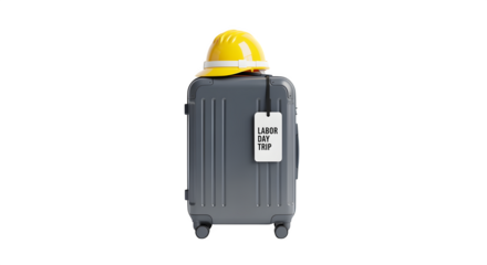 Suitcase with Hard Hat and Labor Day Tag Isolated on White Background