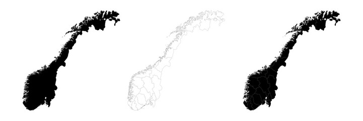 Norway country vector map in white background.Norway map background with states.Norway political map. High detailed. Solid simple style. Black and white. Vector editable.	