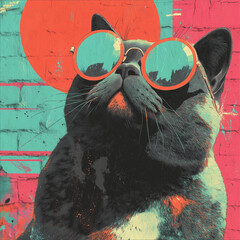 Pop Art Cool Cat with Sunglasses on Vibrant Background	