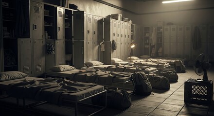 Dormitory Room with Lockers and Beds