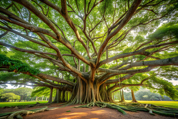 Naklejka premium An immense ancient banyan tree with sprawling branches and aerial roots, creating a majestic natural canopy in a sunlit park