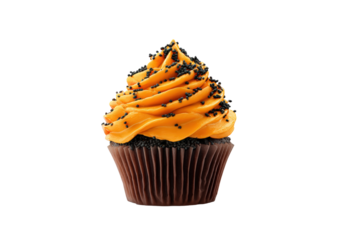Orange frosted cupcake with black sprinkles isolated on transparent background