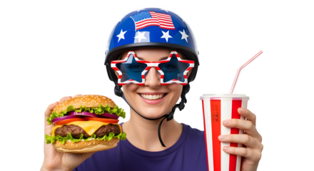Woman Wearing Patriotic Helmet and Star Glasses Holding Burger and Drink Isolated on White Background