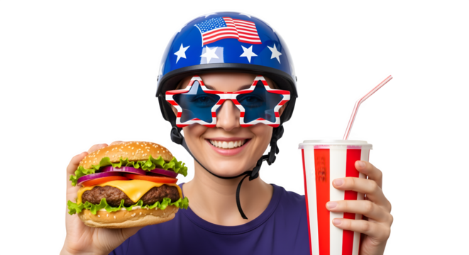 Woman Wearing Patriotic Helmet and Star Glasses Holding Burger and Drink Isolated on White Background