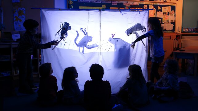 Children's Shadow Puppet Show with Handmade Puppets Performed in Classroom