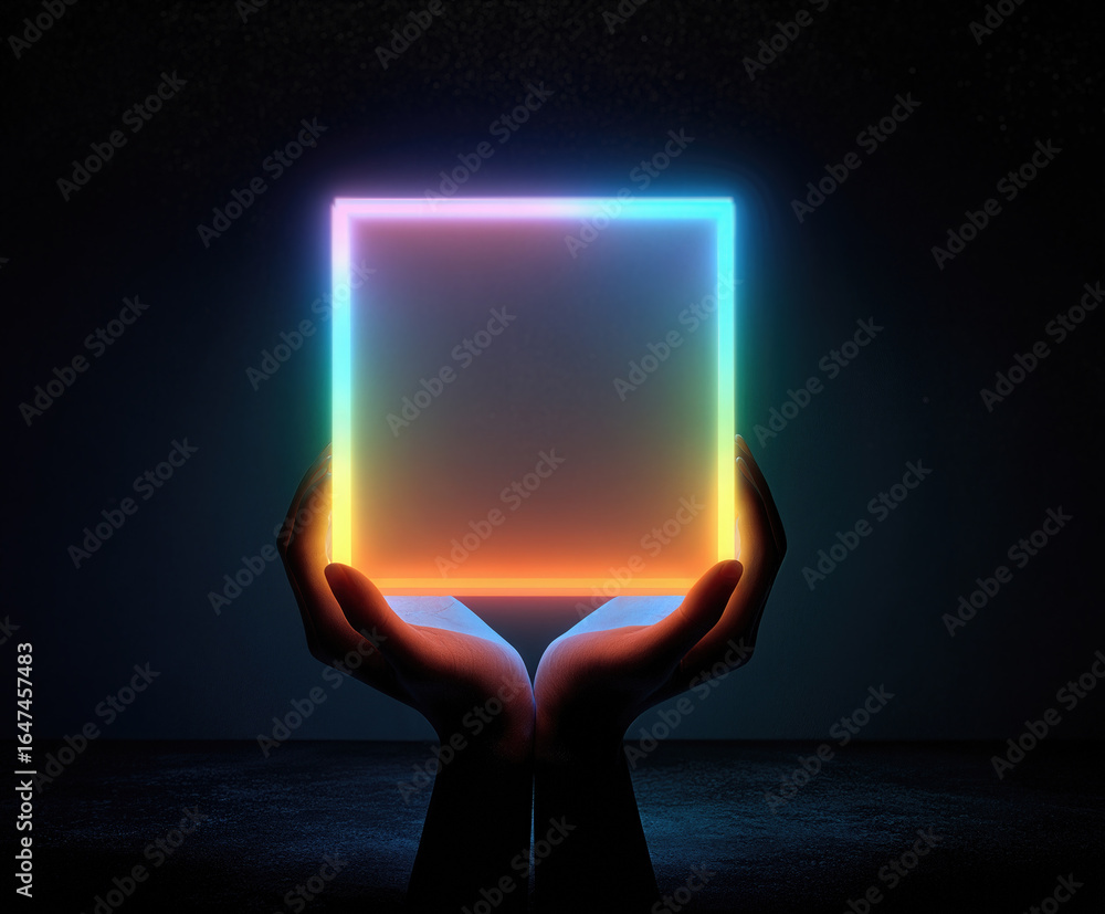 Poster hands illuminated by colorful light holding a glowing square in a dark environment creating a surrea