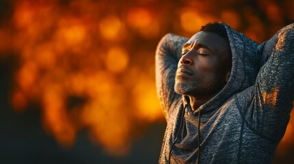 Man in a hoodie with hands behind his head, eyes closed in peaceful contemplation during a warm sunset or sunrise