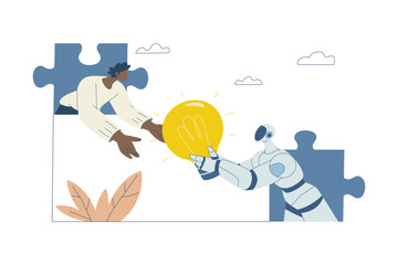 Robot holding a light bulb presents an idea to a man through a jigsaw puzzle, Human and Artificial intelligence collaboration in innovation, AI support for work, Flat vector design illustration.