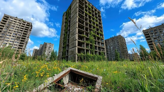 Overgrown Highrise Ruins Reclaimed by Nature Under Partly Cloudy Sky