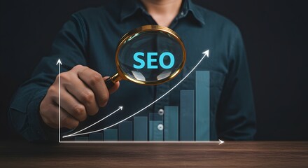 A man is holding a magnifying glass over a graph that shows the growth of SEO. Concept of the importance of SEO in today's digital world and the need to constantly monitor and improve it