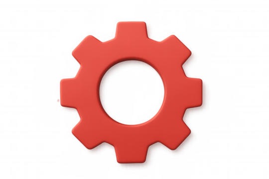 Metallic red gear spinning, representing technological settings, configuration, and digital customization on transparent surface