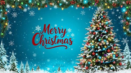 Christmas background featuring a majestic Xmas tree adorned with snow and decorated with a beautiful garland of twinkling lights, set against a festive holiday.