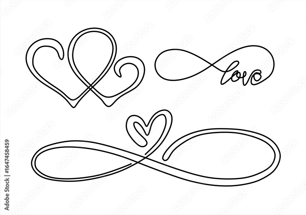 Poster romantic symbols continuous line art with hearts and infinity. line icon-continuous line drawing. ed