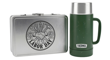 Metal Lunchbox with Labor Day Design and Green Thermos Isolated on White Background