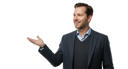 Mid-30s caucasian male professional, well-groomed in a blue shirt, gray vest, and blazer, subtly gesturing with an inviting hand against a transparent studio background, conveying expert guidance