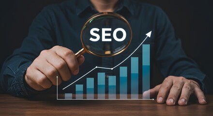 A man is holding a magnifying glass over a graph that shows the growth of SEO. Concept of the importance of SEO in today's digital world and the need to constantly monitor and improve it