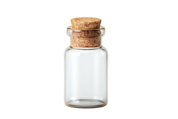 Small clear glass bottle with cork stopper isolated on transparent background