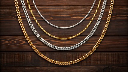 Luxury Gold and Silver Chain Necklaces on Wooden Background for Fashion, Jewelry Styling, and Elegant Accessories
