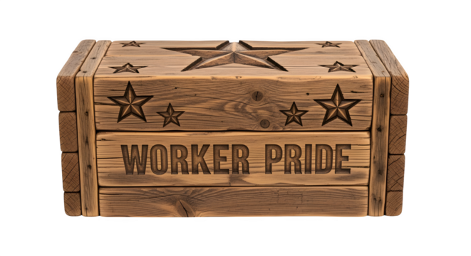 Wooden Crate with Worker Pride Text and Stars Isolated on White Background
