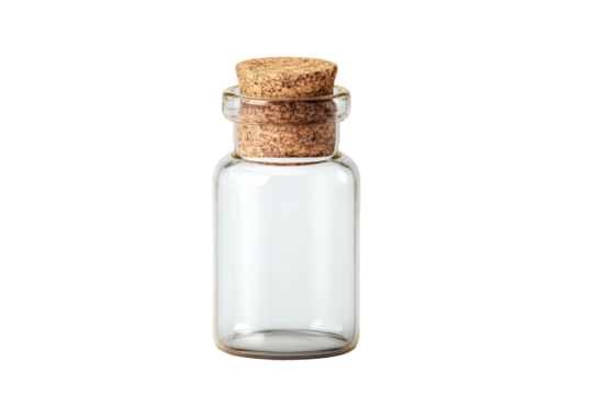 Small clear glass bottle with cork stopper isolated on transparent background