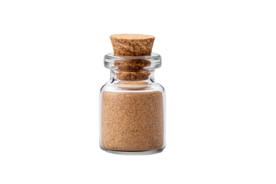 Small glass bottle with cork stopper, isolated on transparent background