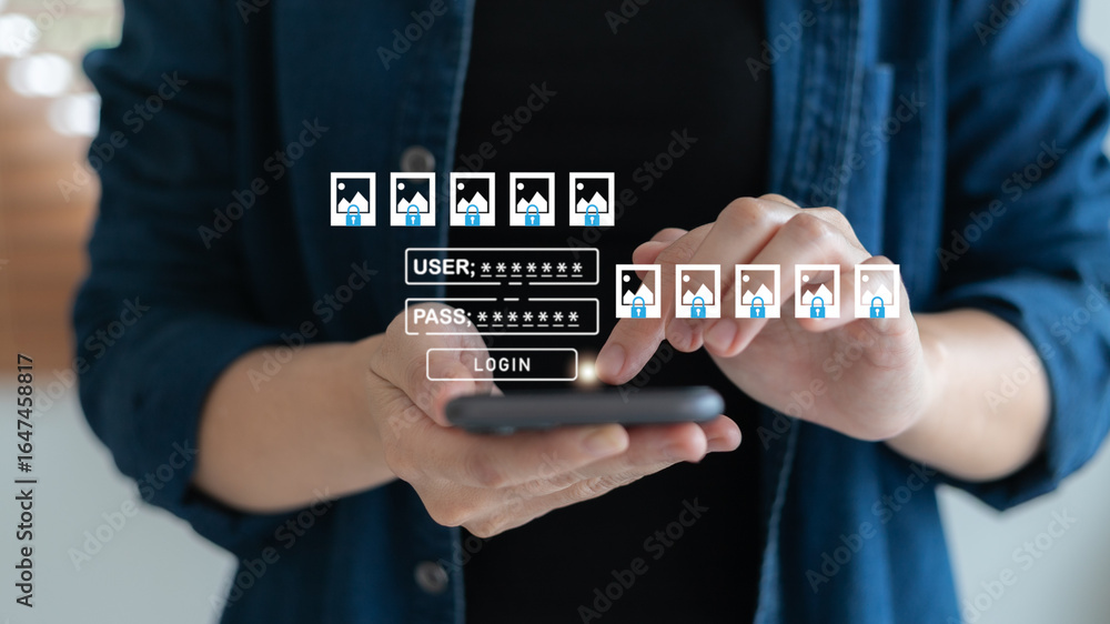 Poster close-up of a woman logging in with username and password on smartphone, secure mobile access, cyber