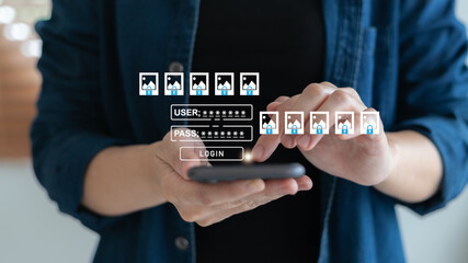 Close-up of a woman logging in with username and password on smartphone, secure mobile access,...
