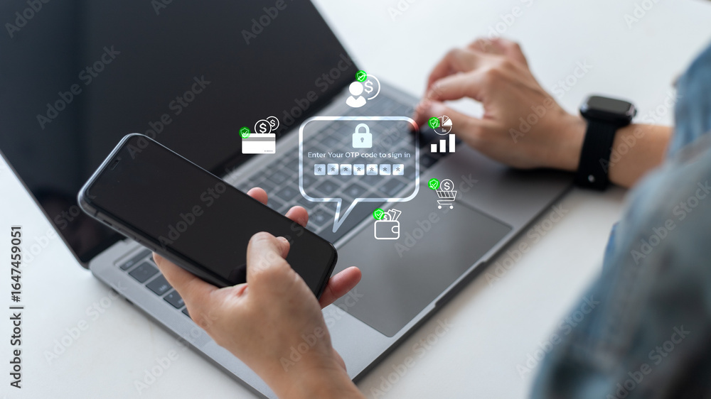 Poster user entering otp code on smartphone to verify identity for secure online banking and digital transa