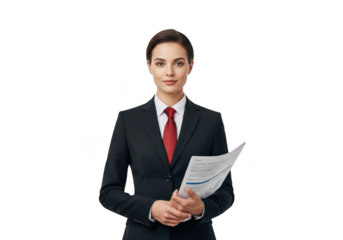Professional businesswoman holding documents, corporate executive, formal attire, isolated on transparent background