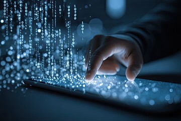 Hand interacting with a tablet displaying digital data