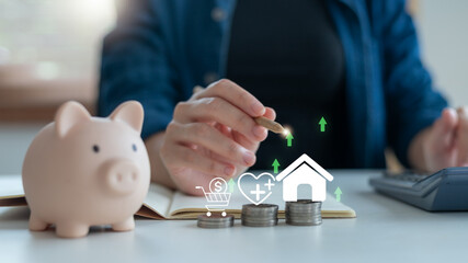 Financial planning concept with a piggy bank and coins stack, a woman saving money for house,...