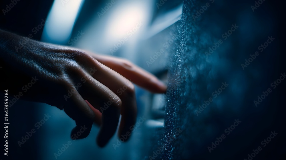 Poster close up of a hand using an atm hine in the night with sharp focus and high