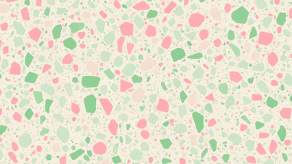 Terrazzo seamless pattern with pink and green fragments for design